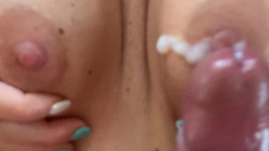 Amateur sub footjob with cum at her tits
