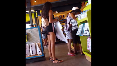 Candid voyeur tight toned teen beauty waiting in line ass