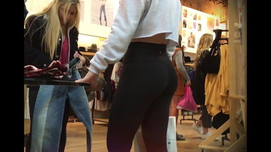 candid blonde teen in black leggings