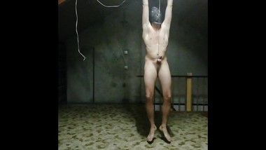 Cock and ball bondage while hanging