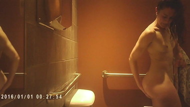 Amazing skinny teen caught taking a shower